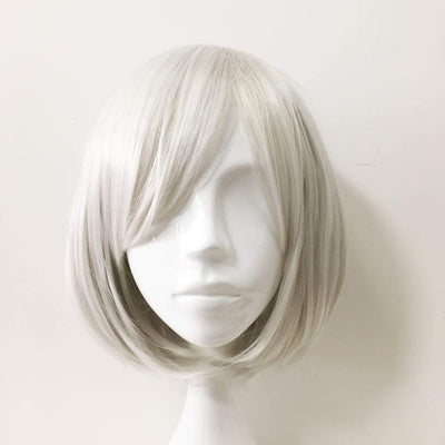 Women Silver White Short Straight Fringe Bangs Bob Cosplay Wig
