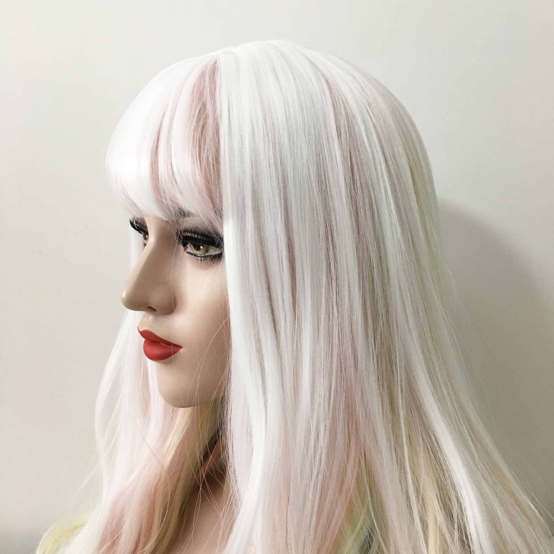 nevermindyrhead Women Snow White Pastel Rainbow Long Wavy Fringe Bangs Wig