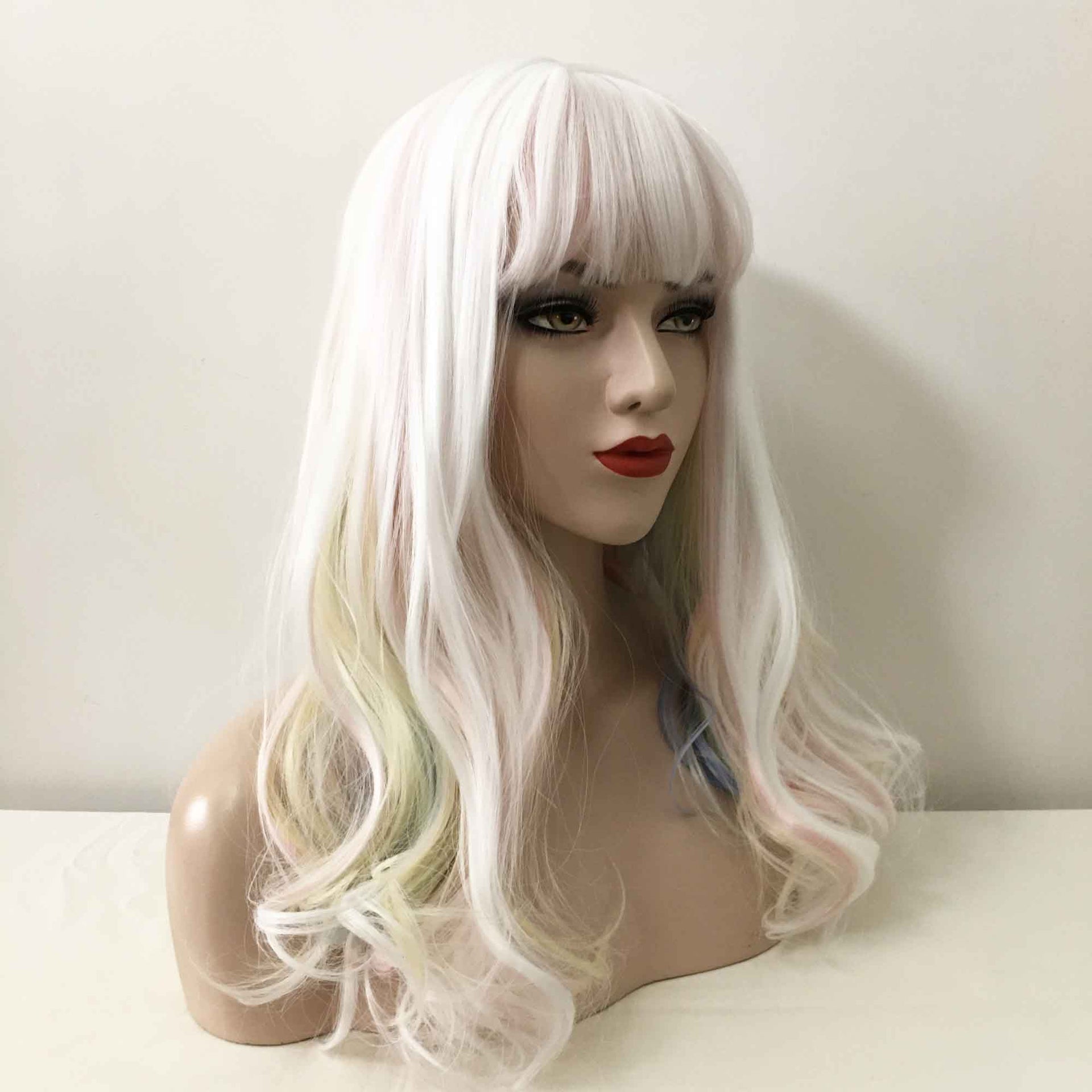 nevermindyrhead Women Snow White Pastel Rainbow Long Wavy Fringe Bangs Wig