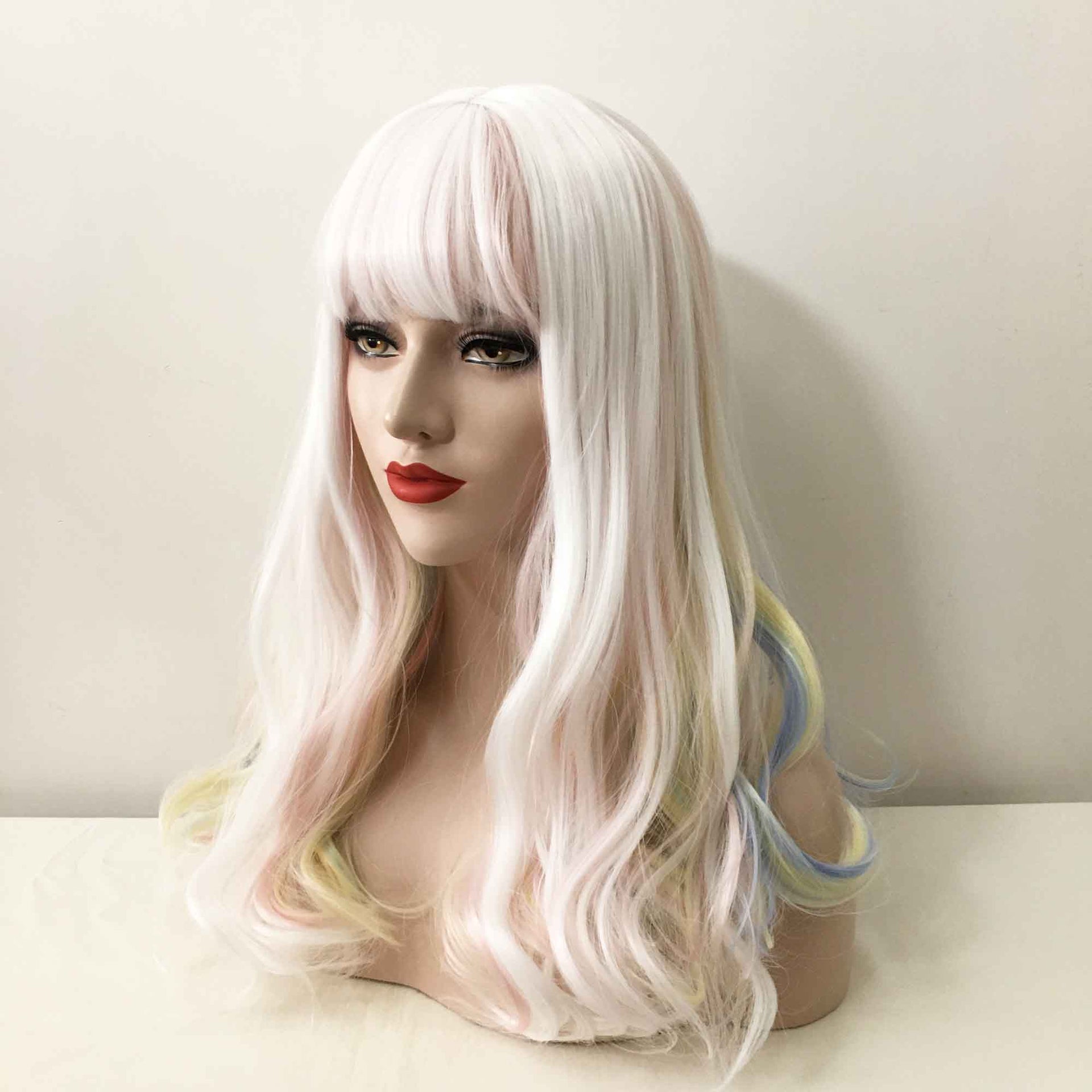 nevermindyrhead Women Snow White Pastel Rainbow Long Wavy Fringe Bangs Wig