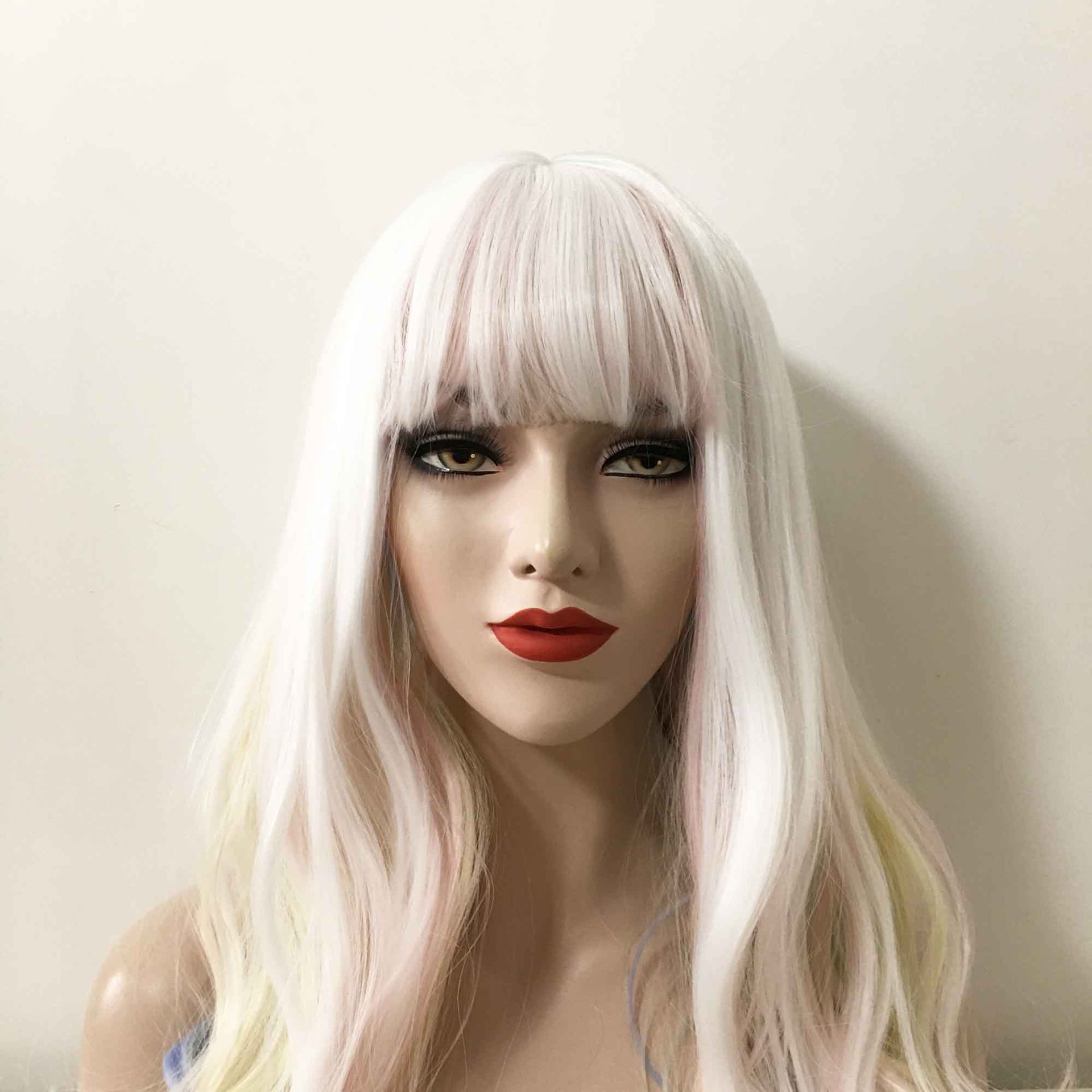 nevermindyrhead Women Snow White Pastel Rainbow Long Wavy Fringe Bangs Wig