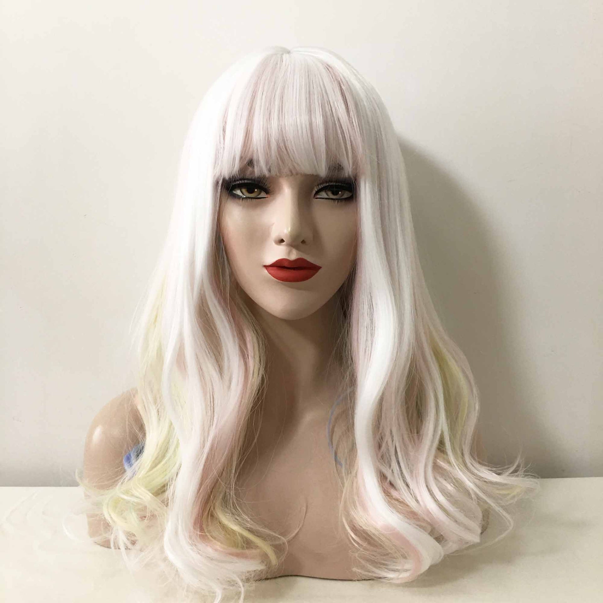 nevermindyrhead Women Snow White Pastel Rainbow Long Wavy Fringe Bangs Wig
