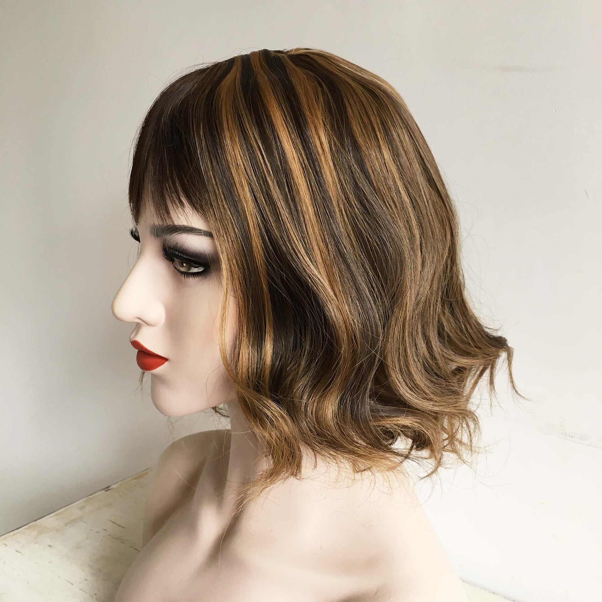 nevermindyrhead Women Very Dark Brown Blonde Highlight Curly Bob Short Fringe Bangs Short Hair Wig