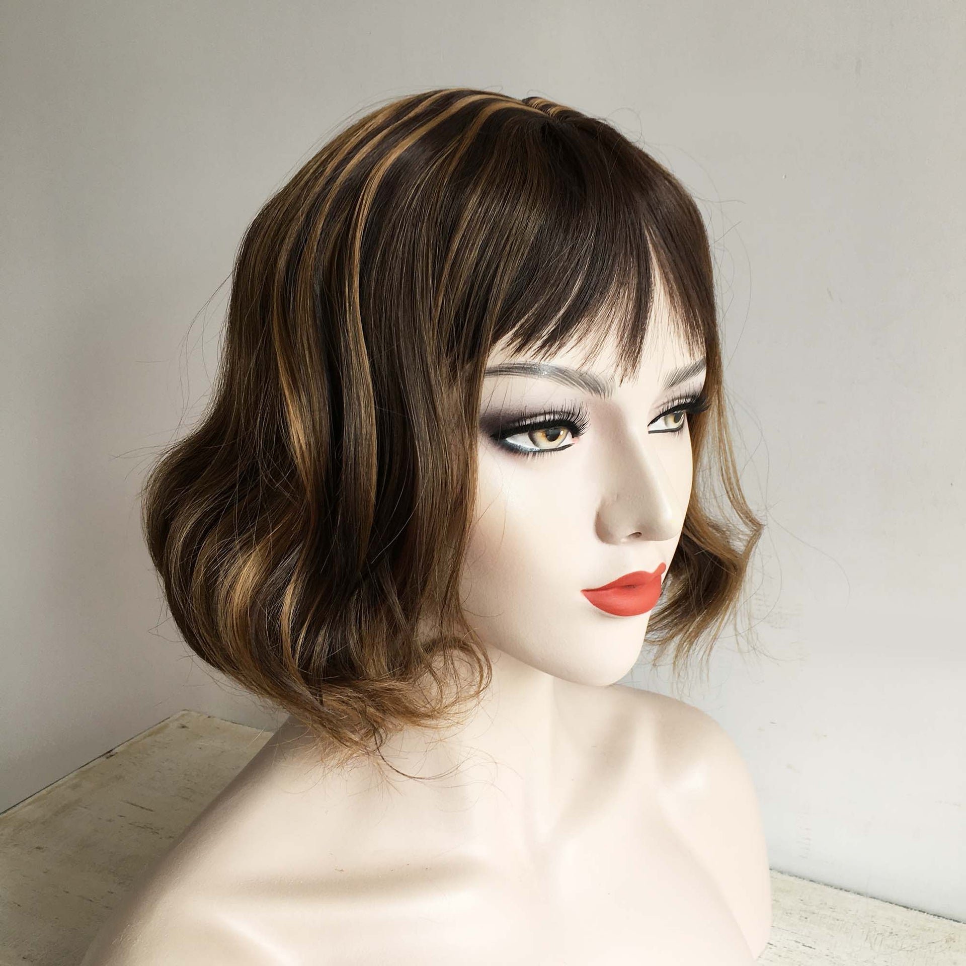nevermindyrhead Women Very Dark Brown Blonde Highlight Curly Bob Short Fringe Bangs Short Hair Wig
