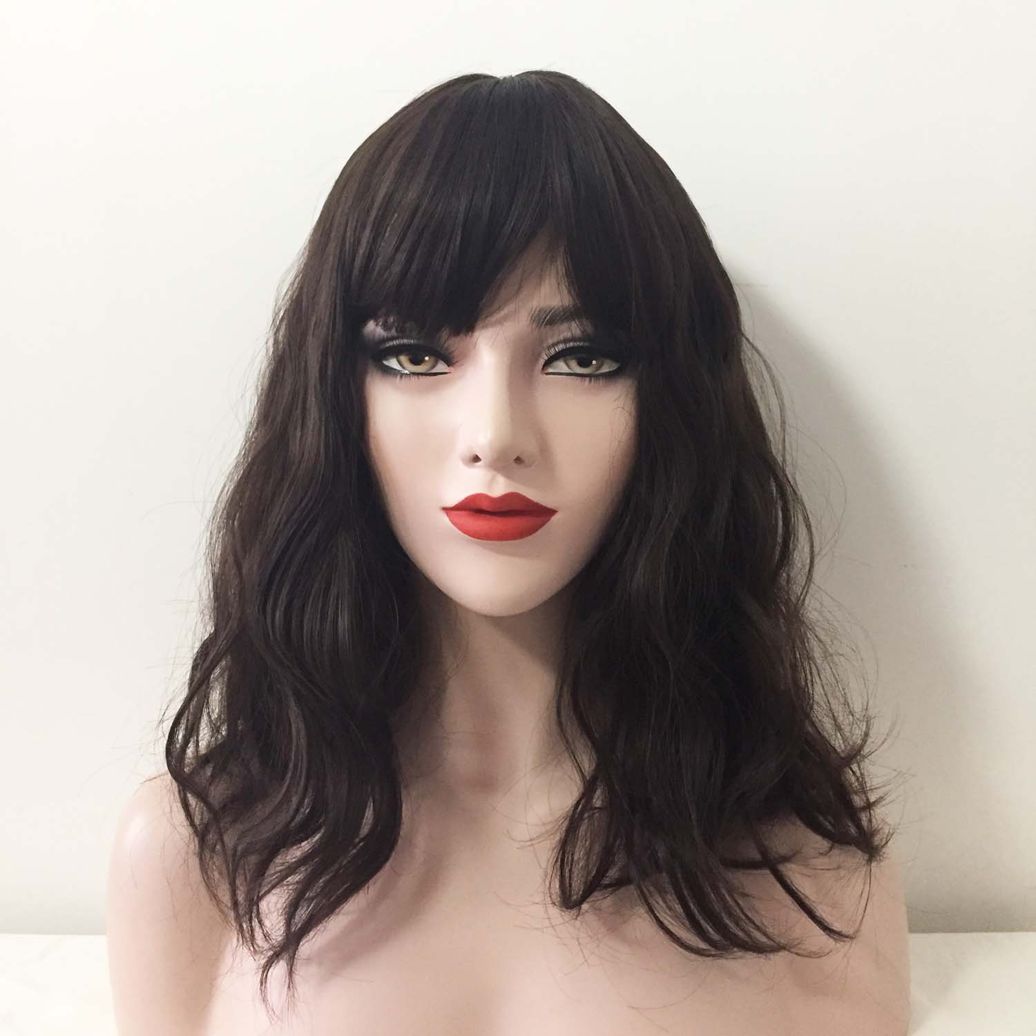 nevermindyrhead Women Very Dark Brown Long Natural Wavy Fringe Bangs Wig