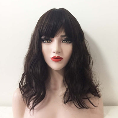 Women Very Dark Brown Long Natural Wavy Fringe Bangs Wig