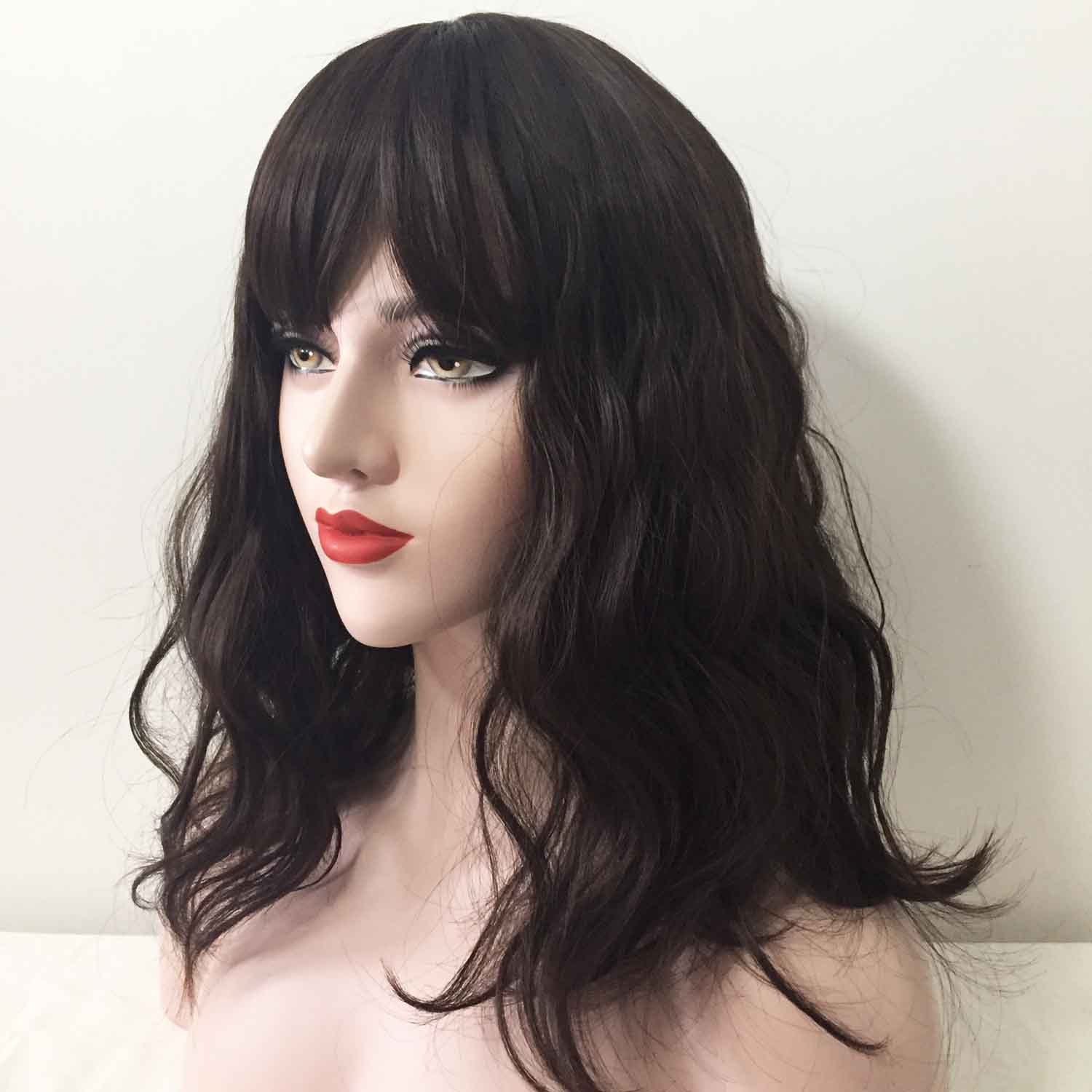 nevermindyrhead Women Very Dark Brown Long Natural Wavy Fringe Bangs Wig