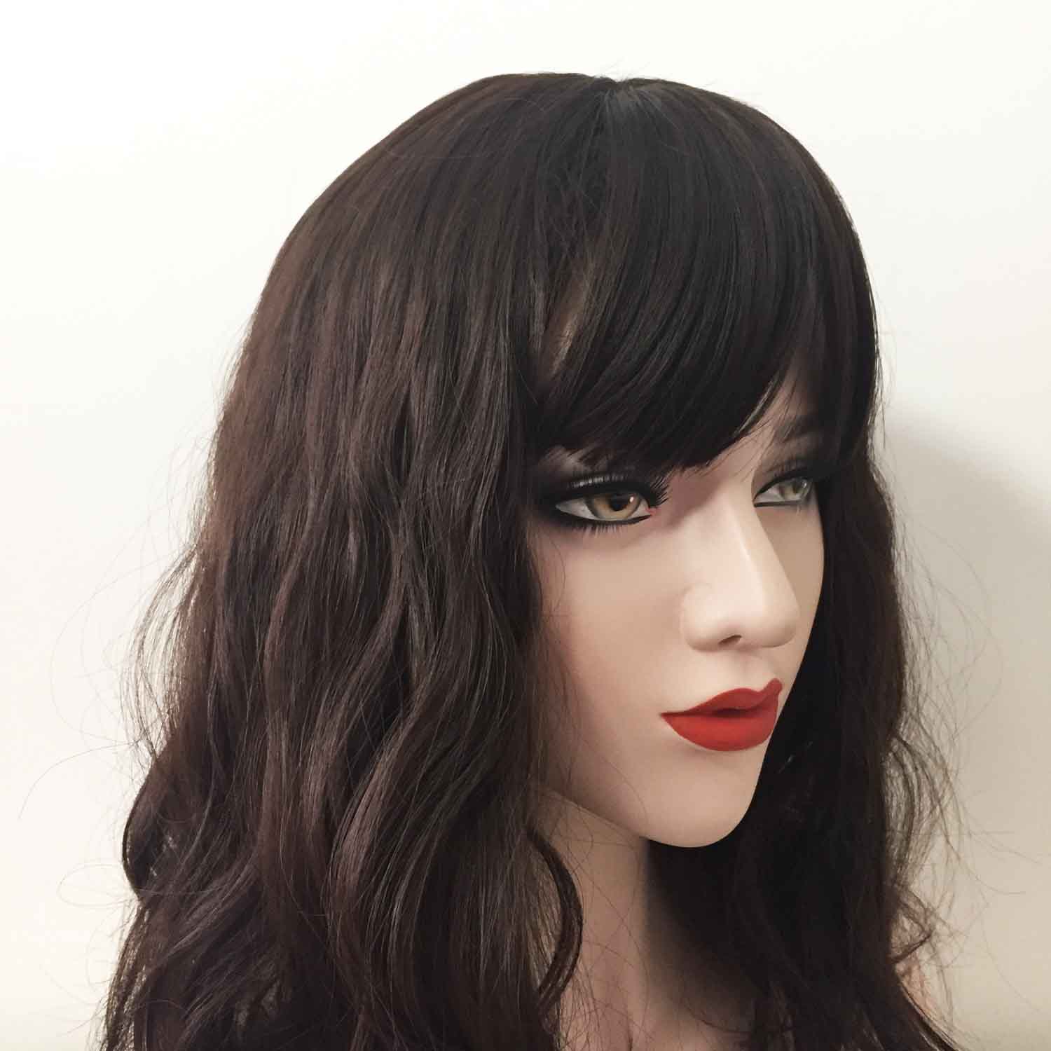nevermindyrhead Women Very Dark Brown Long Natural Wavy Fringe Bangs Wig