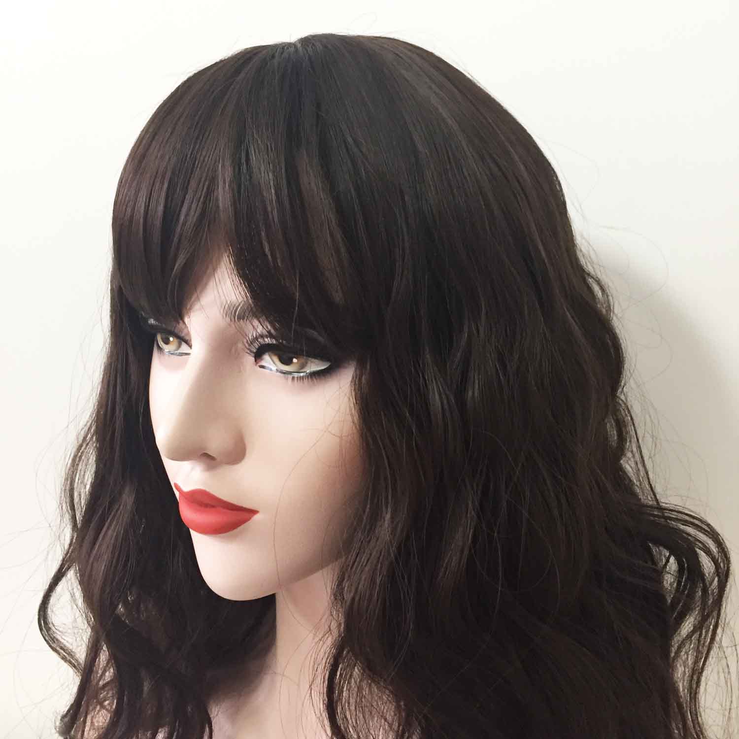 nevermindyrhead Women Very Dark Brown Long Natural Wavy Fringe Bangs Wig
