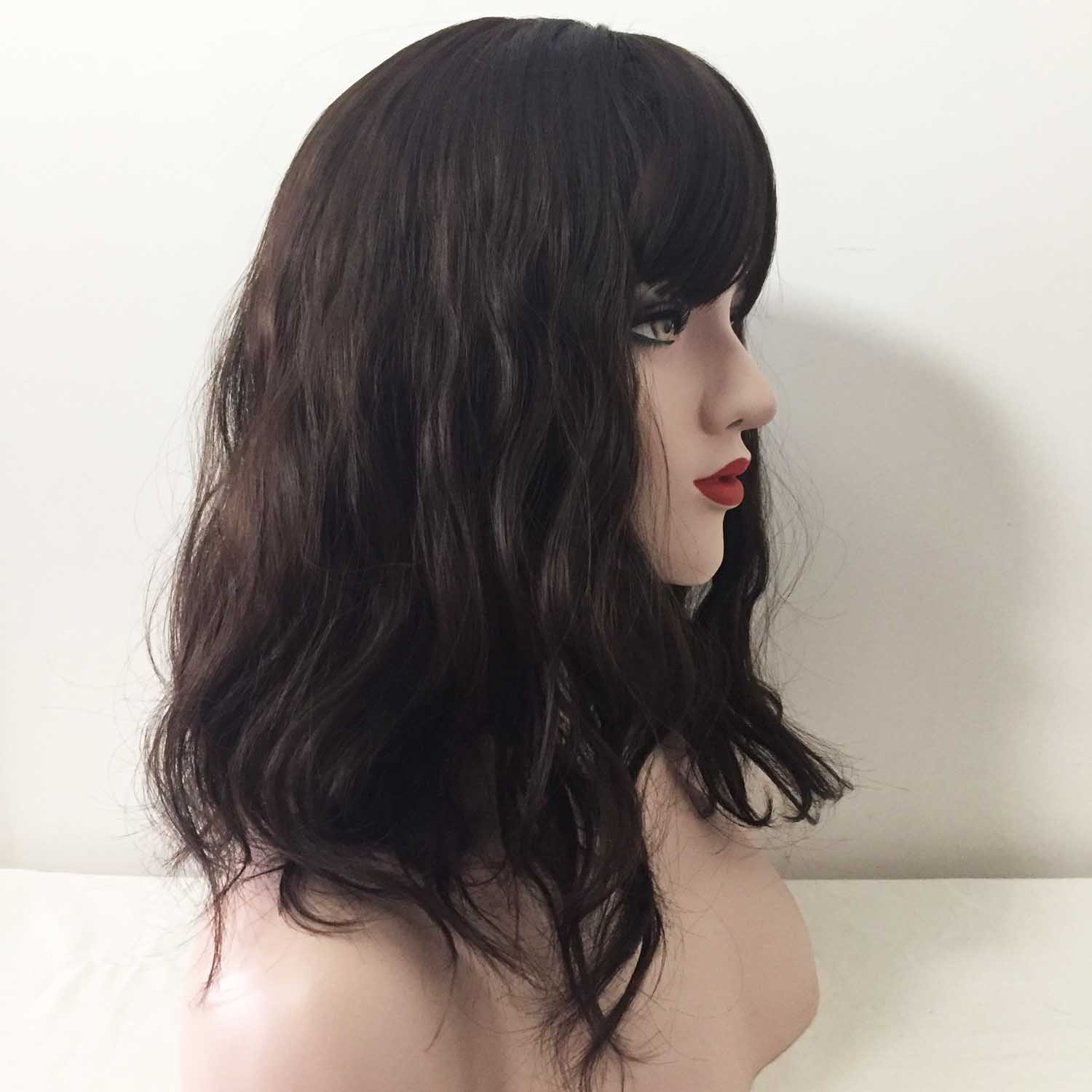 nevermindyrhead Women Very Dark Brown Long Natural Wavy Fringe Bangs Wig