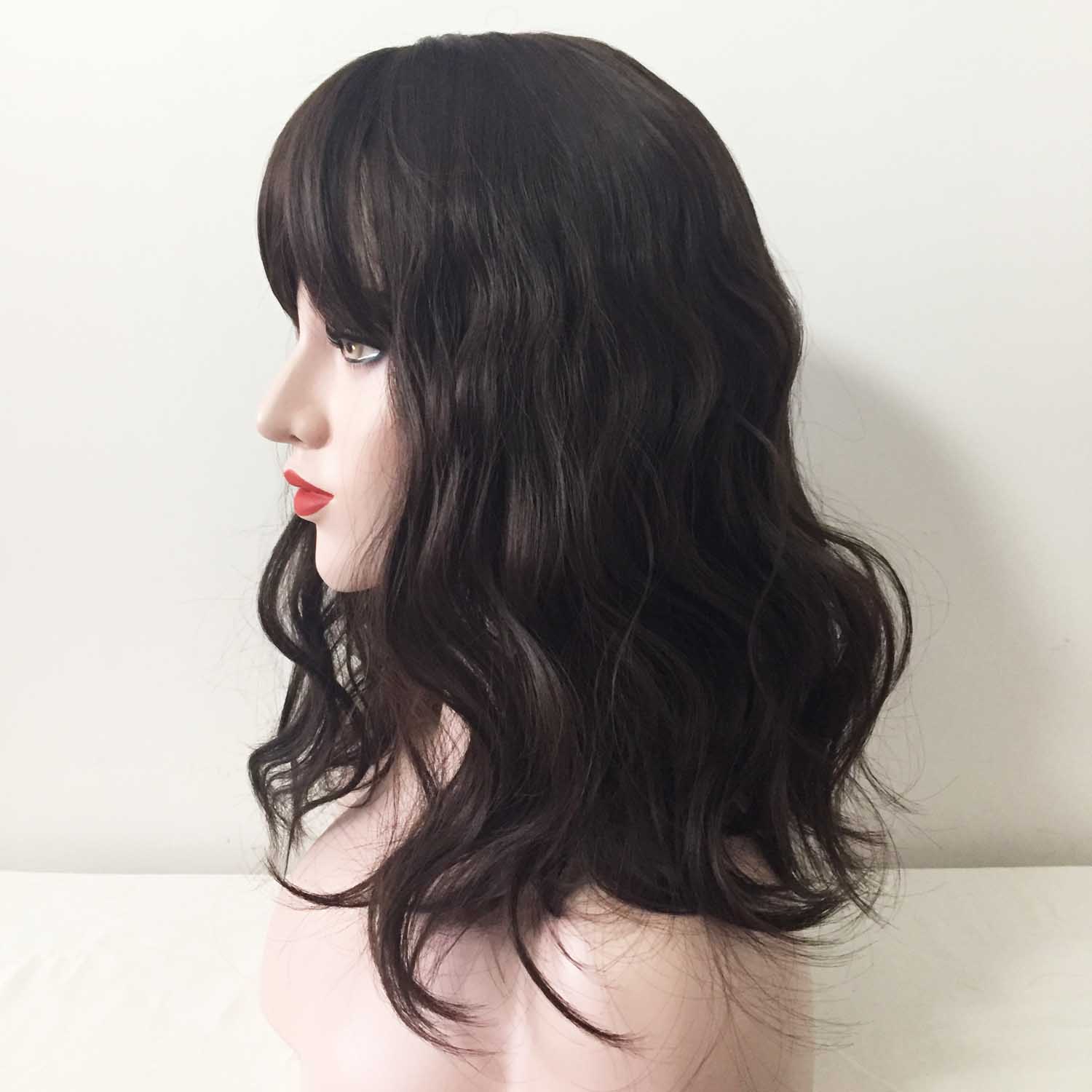 nevermindyrhead Women Very Dark Brown Long Natural Wavy Fringe Bangs Wig
