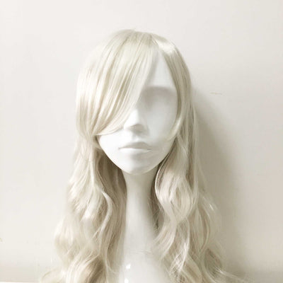 Women White Long Curly Side Swept Bangs Cosplay Wig