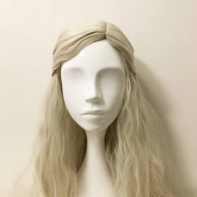 Women White Long Wavy Frizzy Princess Style Braided Side Part Cosplay Wig