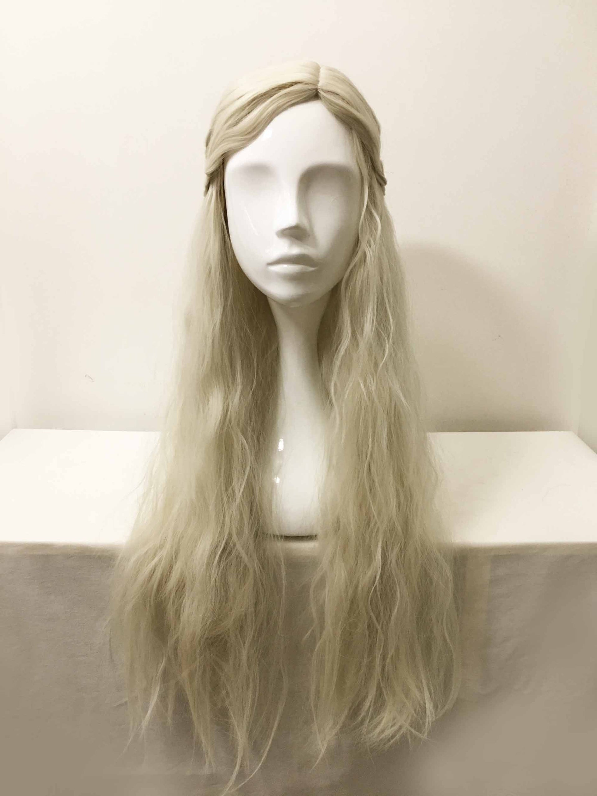 nevermindyrhead Women White Long Wavy Frizzy Princess Style Braided Side Part Cosplay Wig