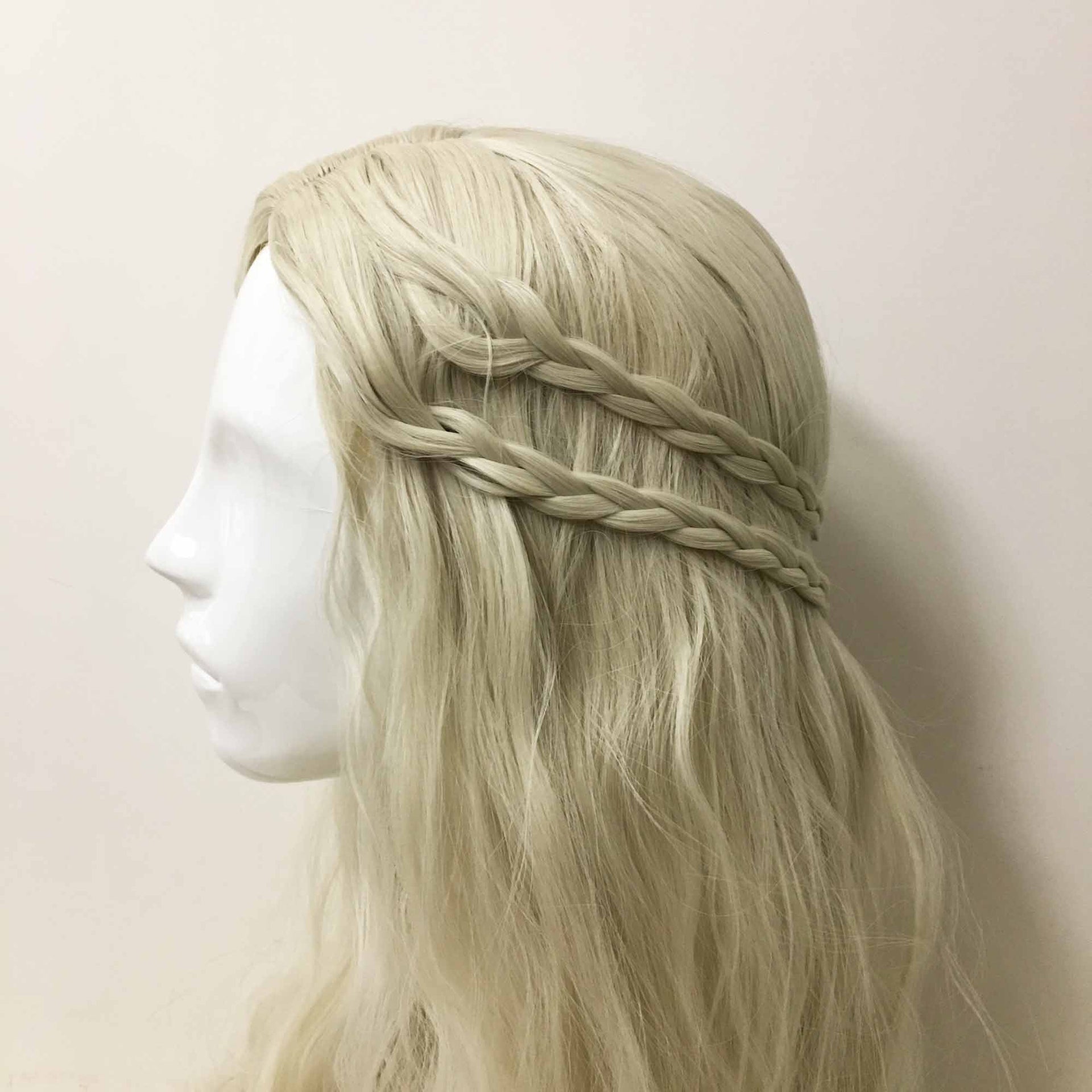 nevermindyrhead Women White Long Wavy Frizzy Princess Style Braided Side Part Cosplay Wig
