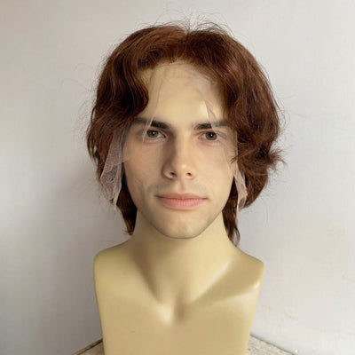 Men Dark Brown Human Hair Wig Lace Front 70s Retro British Rockstar Short Wavy