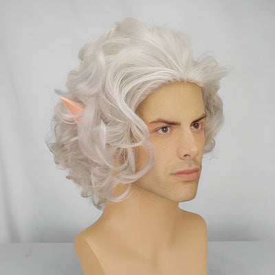 Men Silver White Cosplay Wig Short Curly Bouncy Slicked Back Anime Style With Ears