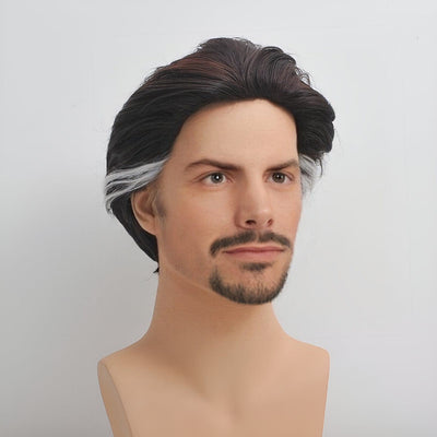 Men Dark Brown Movie Cosplay Wig Mix White Highlight Slicked Comic Con Party Carnival Synthetic Hair