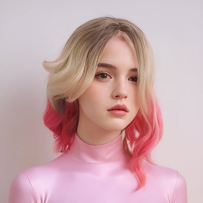 Short Wavy Blonde Pink Ombre Wig With Dark Roots For Women Girls Cosplay Halloween