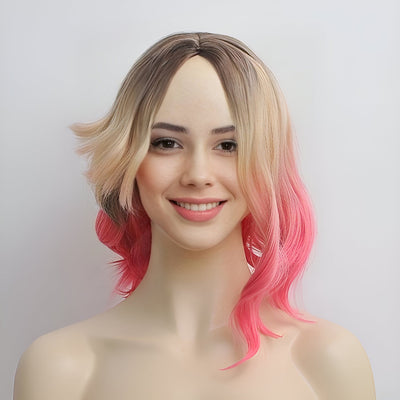 Short Wavy Blonde Pink Ombre Wig With Dark Roots For Women Girls Cosplay Halloween