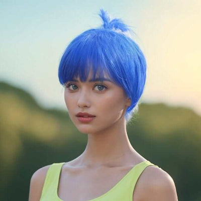 Women Short Blue Wig Pixie Boy Cut Straight Fringe Bangs For Cosplay