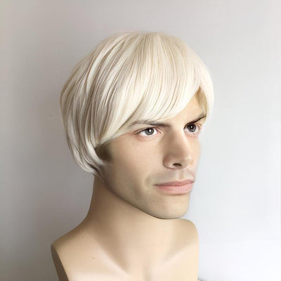 Men Platinum Blonde Cosplay Wig Short Straight With Classic Side-Swept Fringe Bangs For Costume Party
