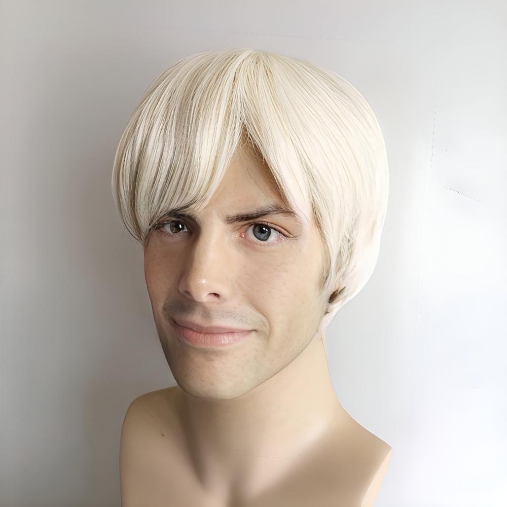 Ken Wig Platinum Blonde Hair Short Straight With Classic Side-Swept Fringe Bangs For Costume Party