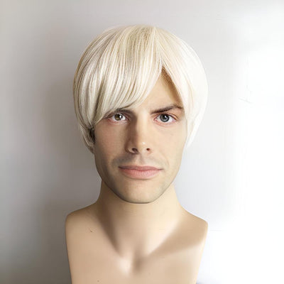 Men Platinum Blonde Cosplay Wig Short Straight With Classic Side-Swept Fringe Bangs For Costume Party