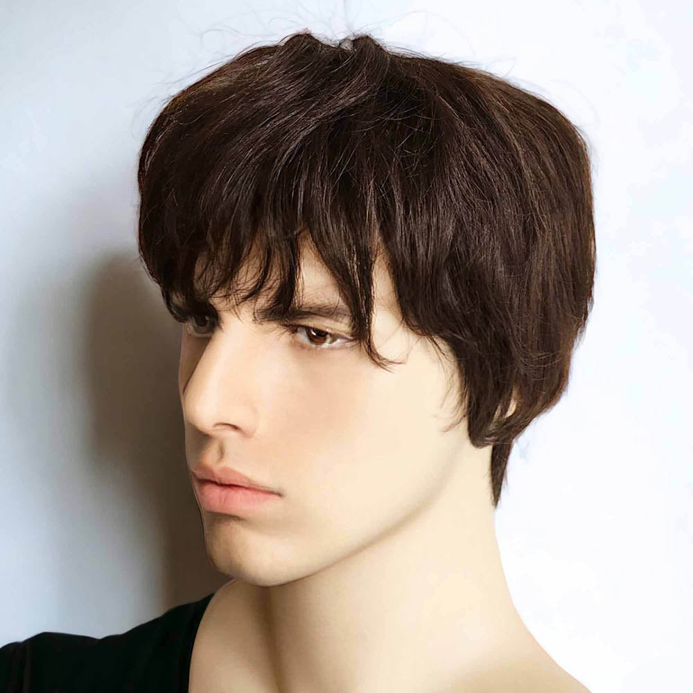 Men Dark Brown Textured Fringe Bangs Short Real Human Hair Wig