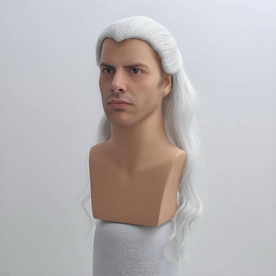 Men Silver White Cosplay Wig Widow's Peak Slicked Long Curly Hair For Halloween Costume Party