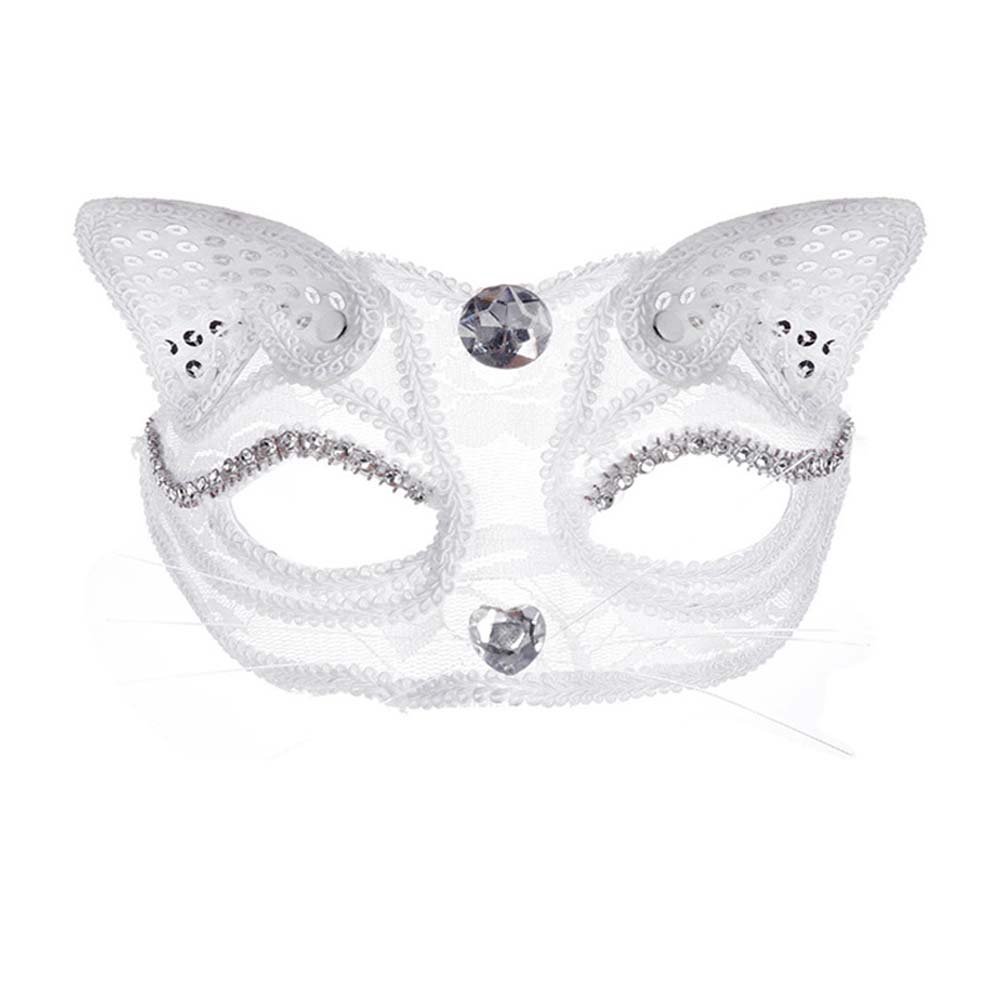 nevermindyrhead Black Cat Masquerade Lace Rhinestones Mask For Fancy Dress Christmas Halloween Costume Party Girls Women White