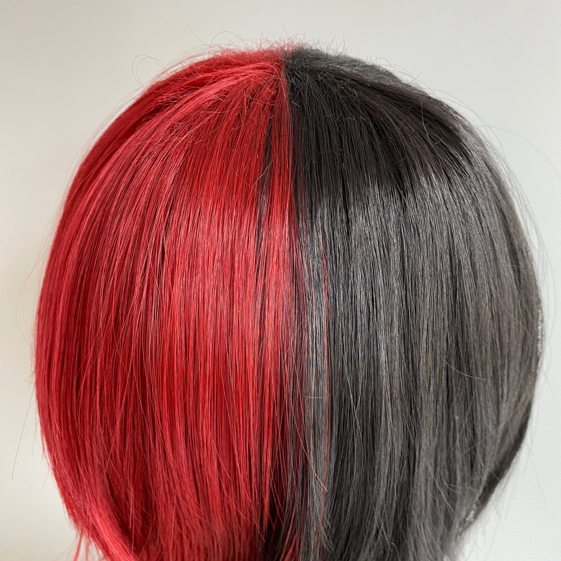 nevermindyrhead Black Red Two Tone Cosplay Wig Unisex Split Color Long Bangs Short Straight Anime