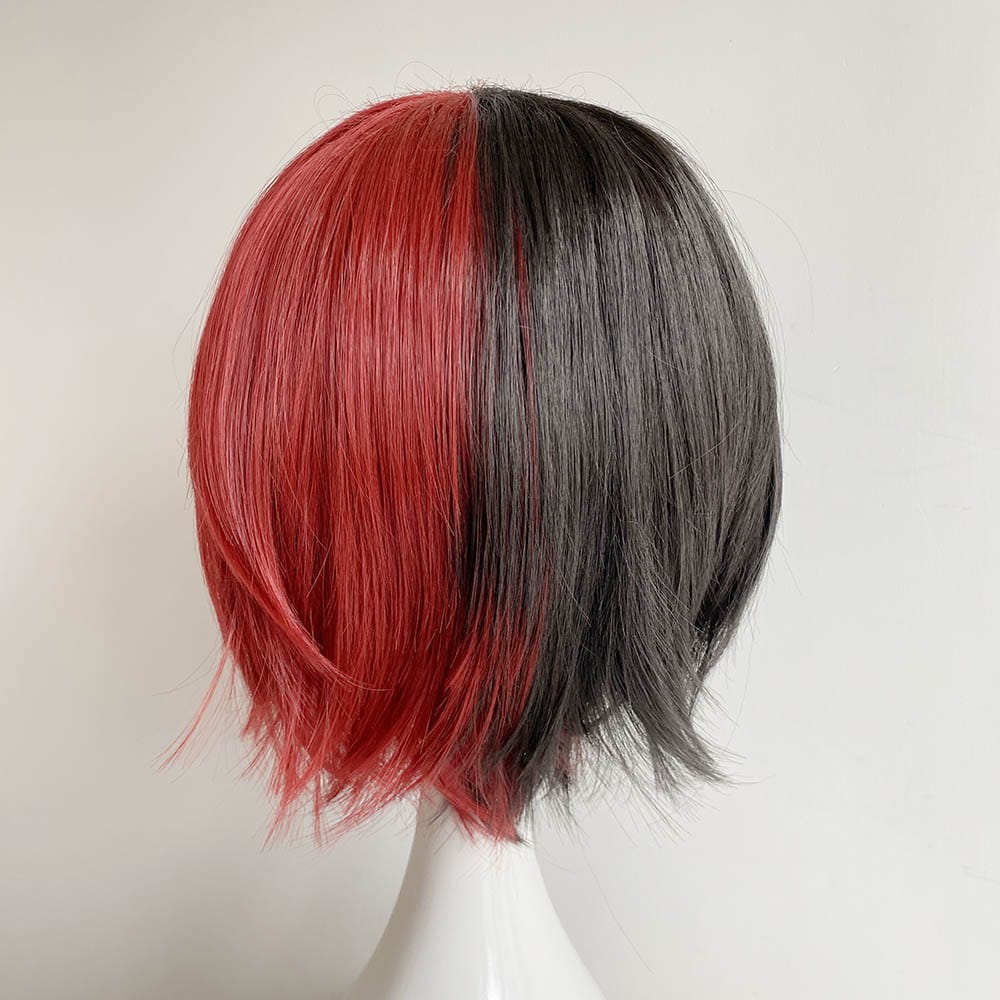 nevermindyrhead Black Red Two Tone Cosplay Wig Unisex Split Color Long Bangs Short Straight Anime