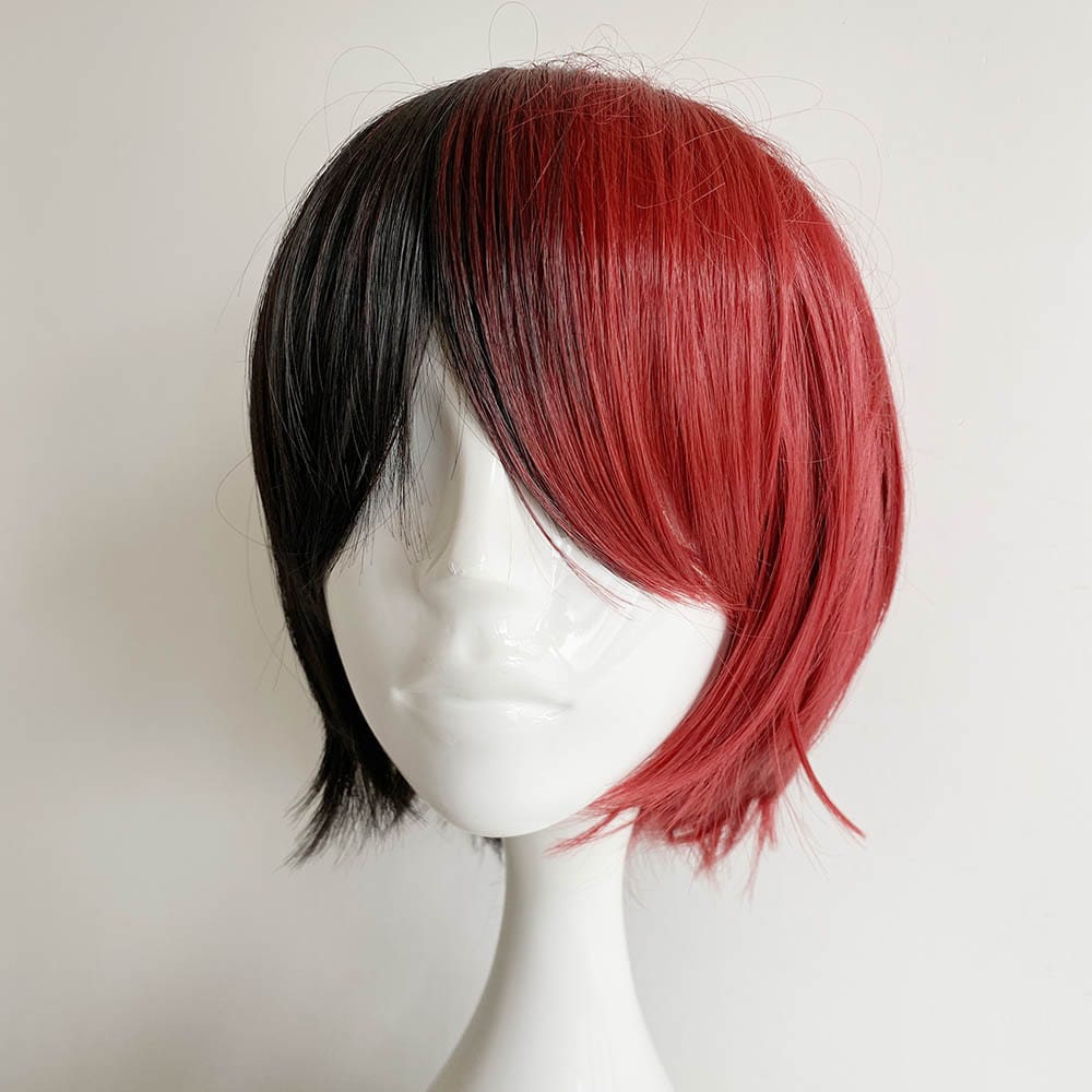 nevermindyrhead Black Red Two Tone Cosplay Wig Unisex Split Color Long Bangs Short Straight Anime