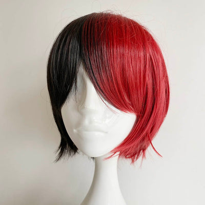 Black Red Two Tone Cosplay Wig Unisex Split Color Long Bangs Short Straight Anime