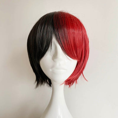 Black Red Two Tone Cosplay Wig Unisex Split Color Long Bangs Short Straight Anime