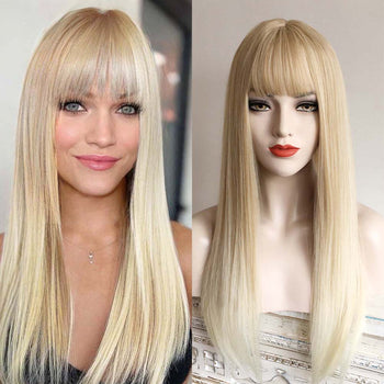 Blonde Ombre lange gerade Perücke mit Fransen Pony Top Haut 4 Farben für Frauen 24 Zoll