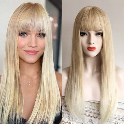 Blonde Ombre Long Straight Wig With Fringe Bangs Top Skin 4 Colours For Women 24 Inches