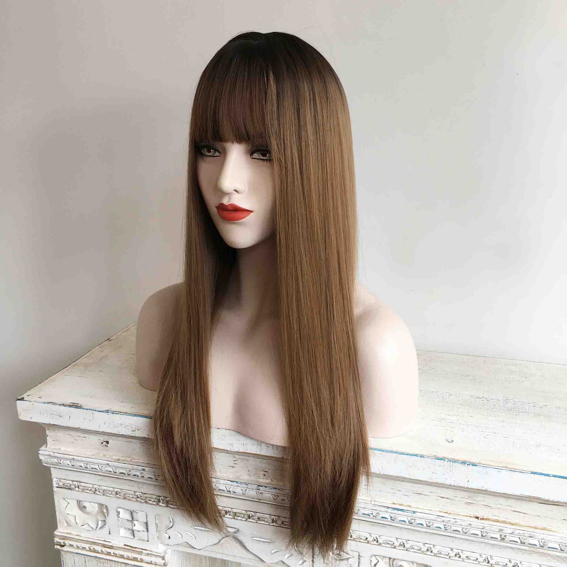 nevermindyrhead Blonde Ombre Long Straight Wig With Fringe Bangs Top Skin 4 Colours For Women 24 Inches