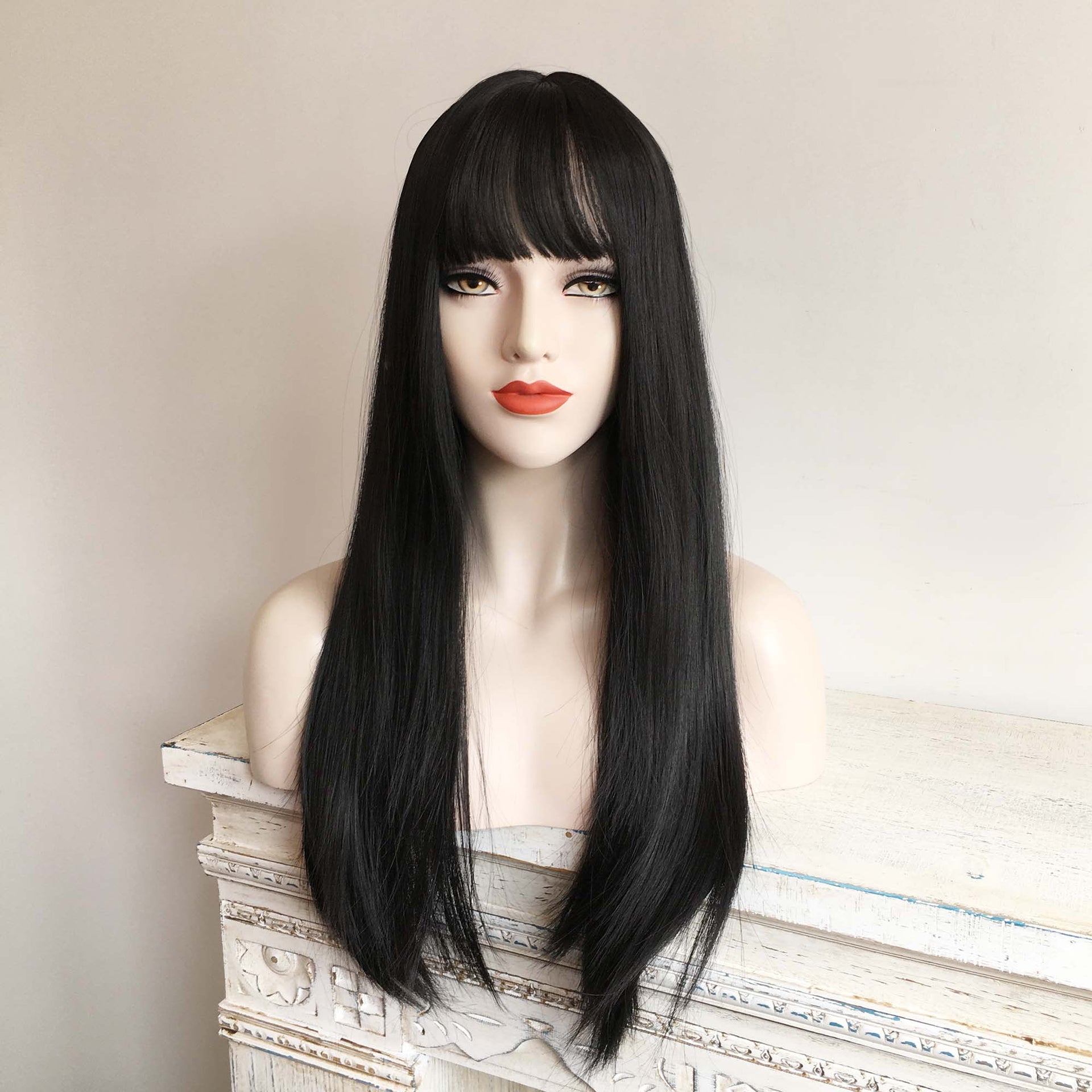 nevermindyrhead Blonde Ombre Long Straight Wig With Fringe Bangs Top Skin 4 Colours For Women 24 Inches Black
