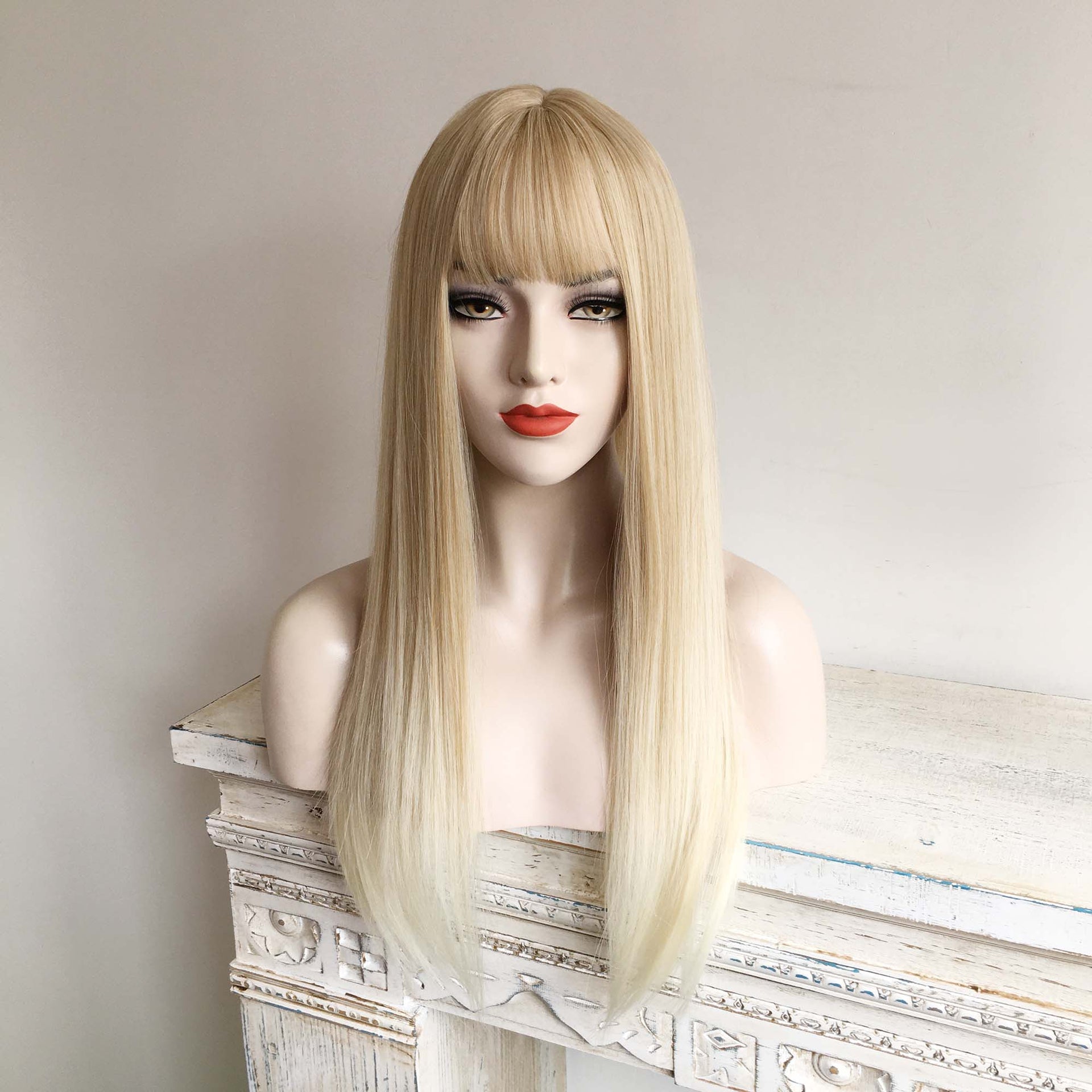 nevermindyrhead Blonde Ombre Long Straight Wig With Fringe Bangs Top Skin 4 Colours For Women 24 Inches Blonde