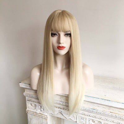 Blonde Ombre Long Straight Wig With Fringe Bangs Top Skin 4 Colours For Women 24 Inches