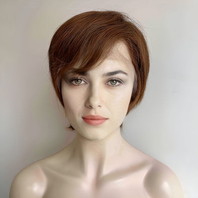 Brown Human Hair Wig For Women 13X6 Lace Front With Bangs Pixie Cut Short Straight Hair Side Part