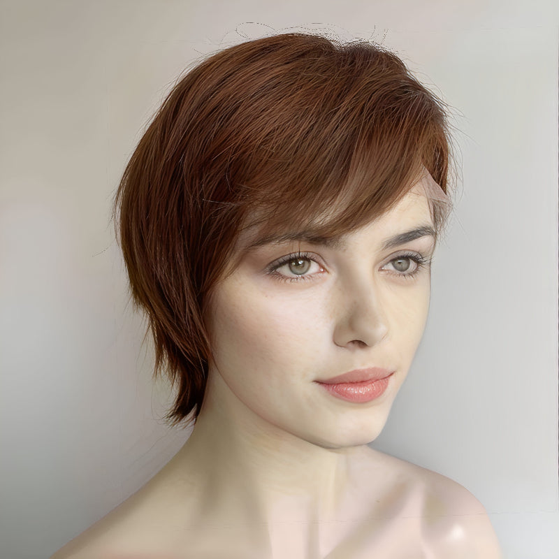 nevermindyrhead Brown Human Hair Wig For Women 13X6 Lace Front With Bangs Pixie Cut Short Straight Hair Side Part
