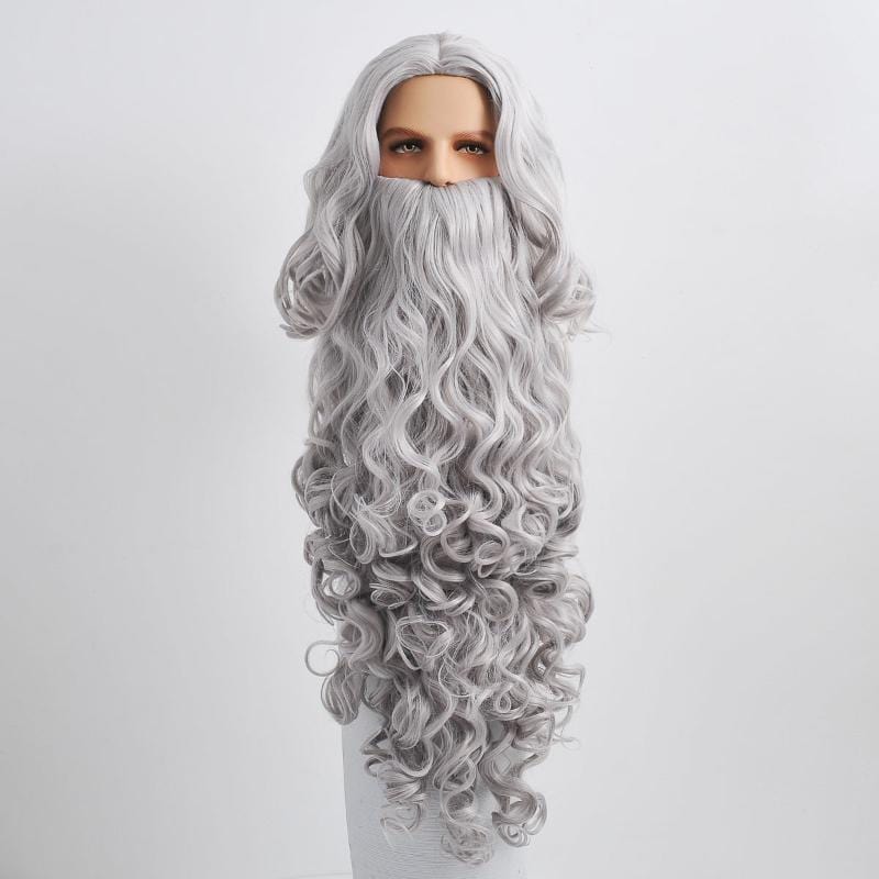 nevermindyrhead Christmas Santa Claus Gray Curly Hair Wig And Extra Long Beard Set For Party