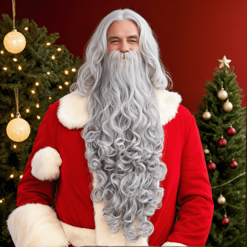 nevermindyrhead Christmas Santa Claus Gray Curly Hair Wig And Extra Long Beard Set For Party