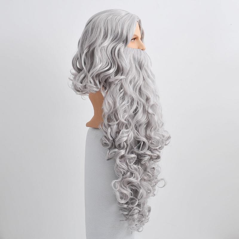 nevermindyrhead Christmas Santa Claus Gray Curly Hair Wig And Extra Long Beard Set For Party