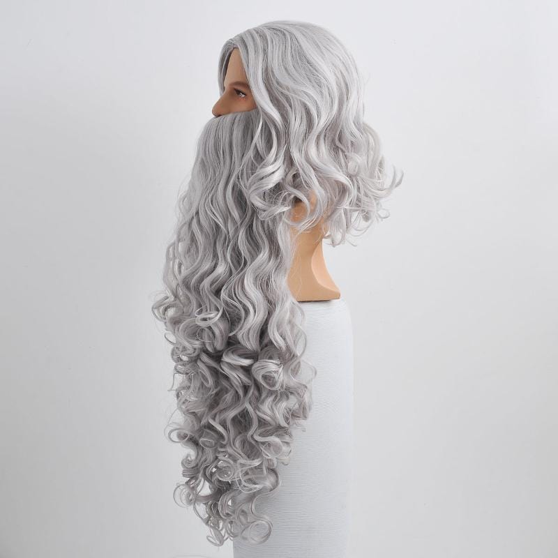 nevermindyrhead Christmas Santa Claus Gray Curly Hair Wig And Extra Long Beard Set For Party