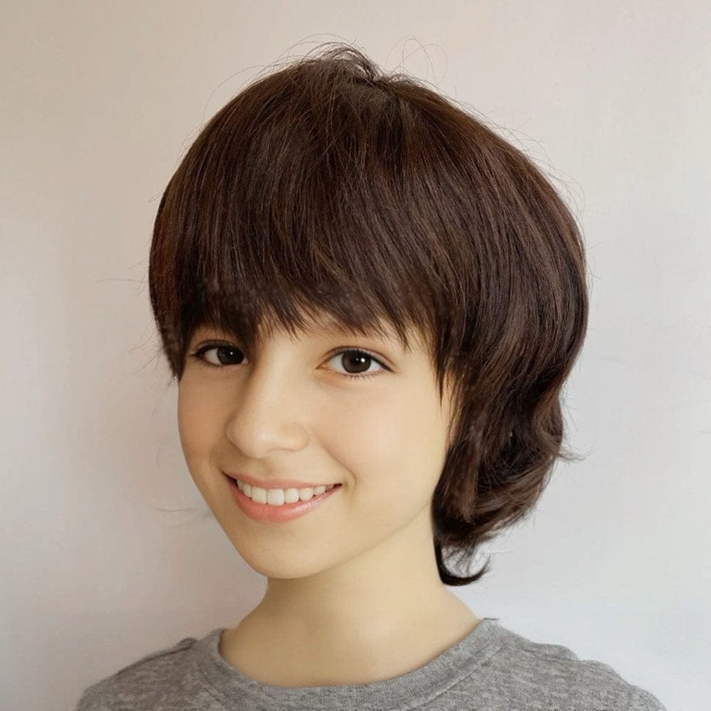 nevermindyrhead Dark Brown Human Hair Kids Wig Short Hair Bangs For Boy Children Chemo Cosplay