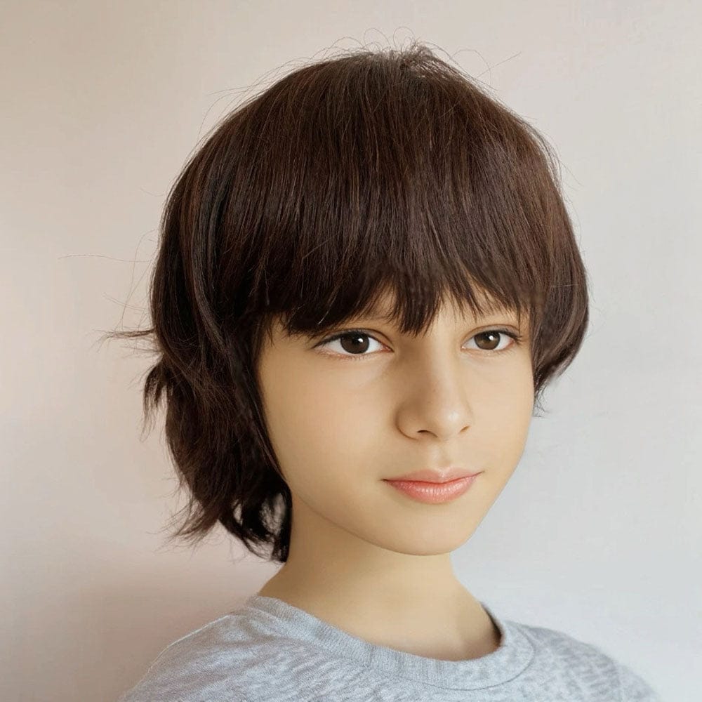 nevermindyrhead Dark Brown Human Hair Kids Wig Short Hair Bangs For Boy Children Chemo Cosplay